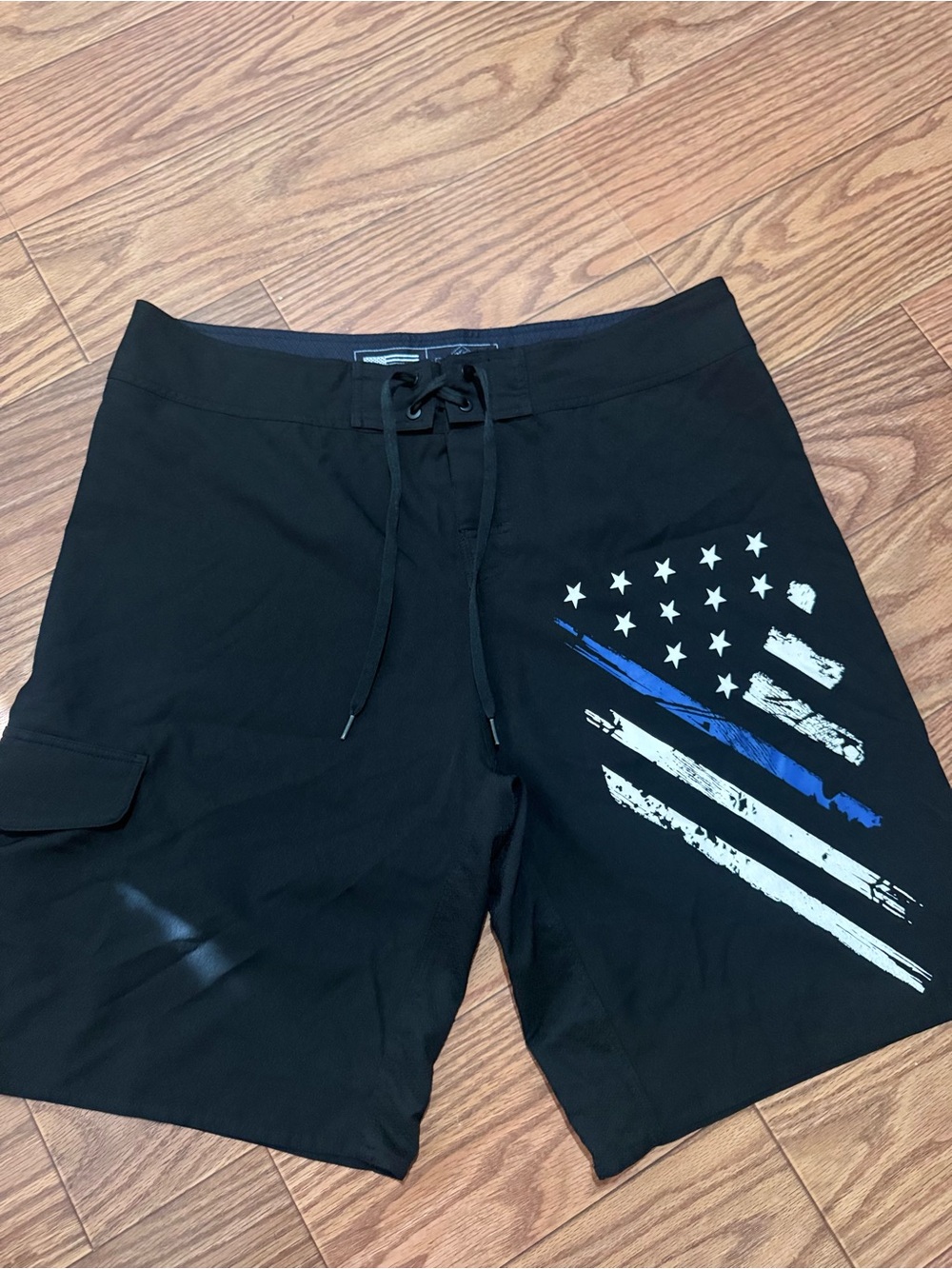 Men's Black Swim Shorts with Distressed Flag Graphic